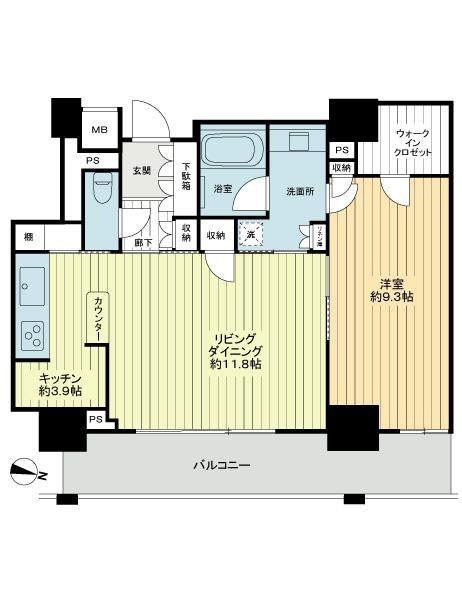 Floor plan. 1LDK, Price 32,800,000 yen, Occupied area 61.49 sq m , Balcony area 11.68 sq m