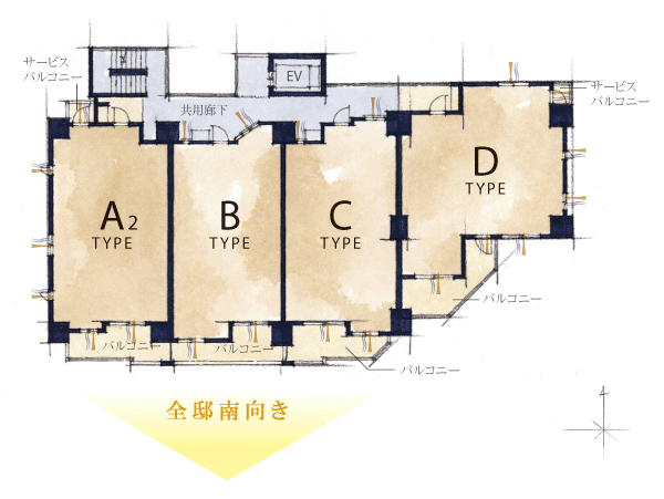 Features of the building.  [Floor layout] All 56 House lay to the south-facing, Produce a comfortable space to feel the brightness. By minority placement of 1 floor 4 House, Achieve a calm living space. The corner dwelling unit as a 50% of the total, Ensure a space in which privacy is protected (6th floor ~ 15 floor layout diagram)