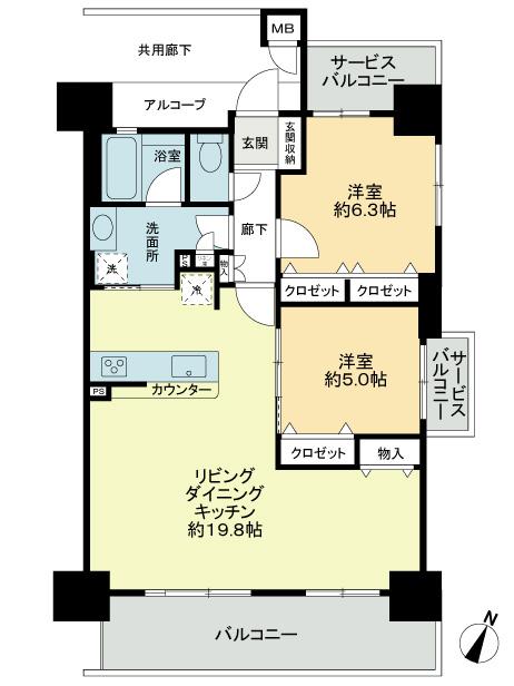 Floor plan. 2LDK, Price 34,800,000 yen, Occupied area 67.58 sq m , Balcony area 10.61 sq m