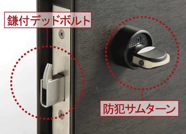 Security.  [Crime prevention thumb turn and dead bolt with sickle] Adopt a special interior locking knob (Security thumb) boasts a high security against incorrect lock "thumb once" to be Mawaso such as by inserting a from external tool. further, In order to cope with aggressive pry using, for example, bar adopted Kamazuke dead bolt, Lock the entrance door firmly (same specifications)