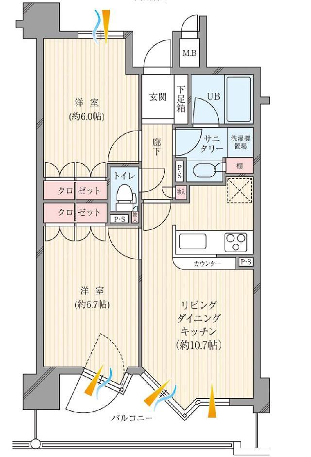 Floor plan. 2LDK, Price 22,800,000 yen, Occupied area 52.48 sq m , Balcony area 9.48 sq m