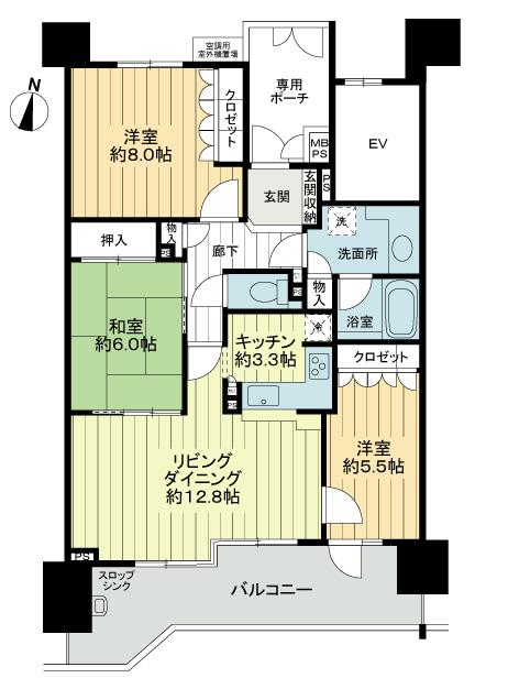 Floor plan. 3LDK, Price 29,800,000 yen, Occupied area 81.88 sq m , Balcony area 15.95 sq m