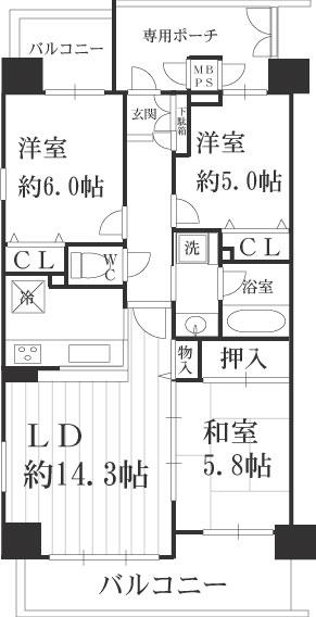 Floor plan. 3LDK, Price 29,800,000 yen, Occupied area 67.25 sq m , Balcony area 12.69 sq m floor plan
