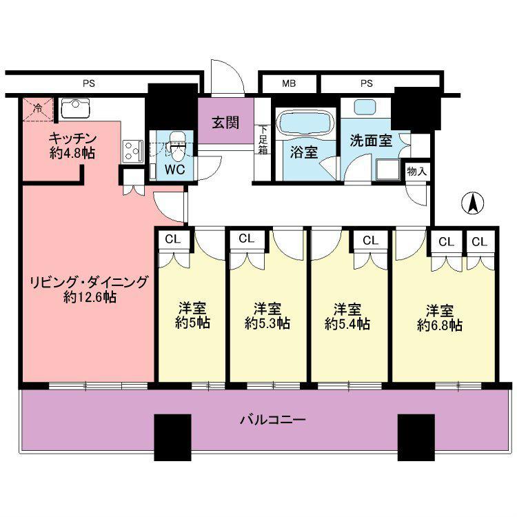 Floor plan. 4LDK, Price 49,300,000 yen, Occupied area 94.81 sq m , Balcony area 22.77 sq m