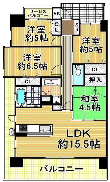 Floor plan. 3LDK, Price 24,900,000 yen, Occupied area 74.22 sq m , Balcony area 11.88 sq m