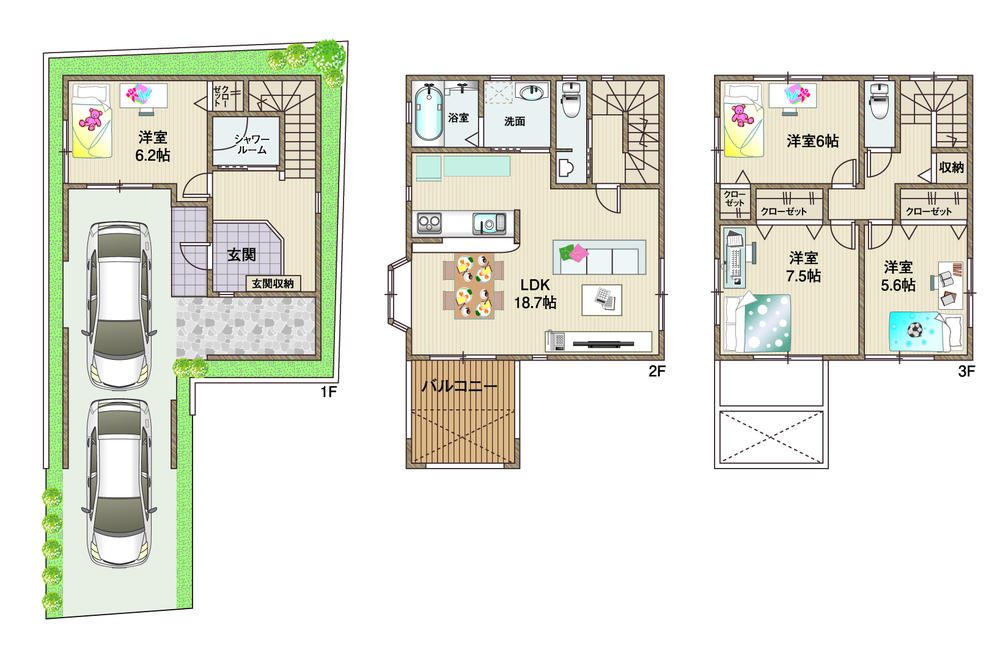 Floor plan. 26,300,000 yen, 4LDK, Land area 79.51 sq m , Building area 137.83 sq m spacious living ・ Wide balcony car 2 car parking spaces