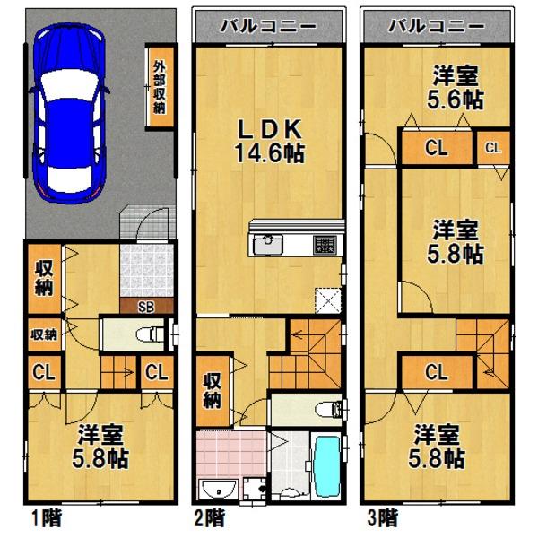 Floor plan. 26,800,000 yen, 4LDK, Land area 56.18 sq m , 4LDK of building area 102.47 sq m All Western-style