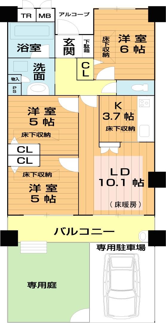 Floor plan. 3LDK, Price 22,800,000 yen, Occupied area 65.04 sq m , Balcony area 12 sq m