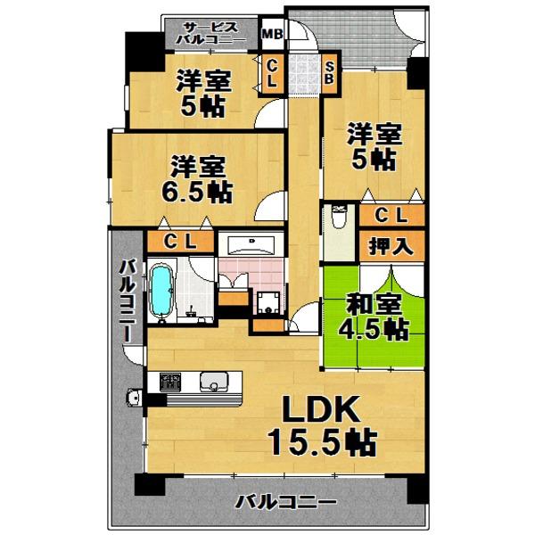 Floor plan. 4LDK, Price 29,800,000 yen, Occupied area 80.55 sq m , Spacious 4LDK of balcony area 22.49 sq m southwest angle room
