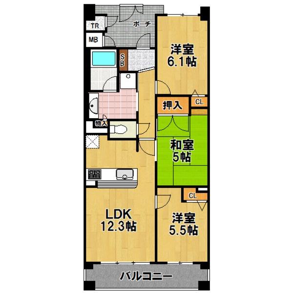 Floor plan. 3LDK, Price 19,800,000 yen, Occupied area 65.51 sq m , 3LDK of balcony area 12.2 sq m upper 11 floor