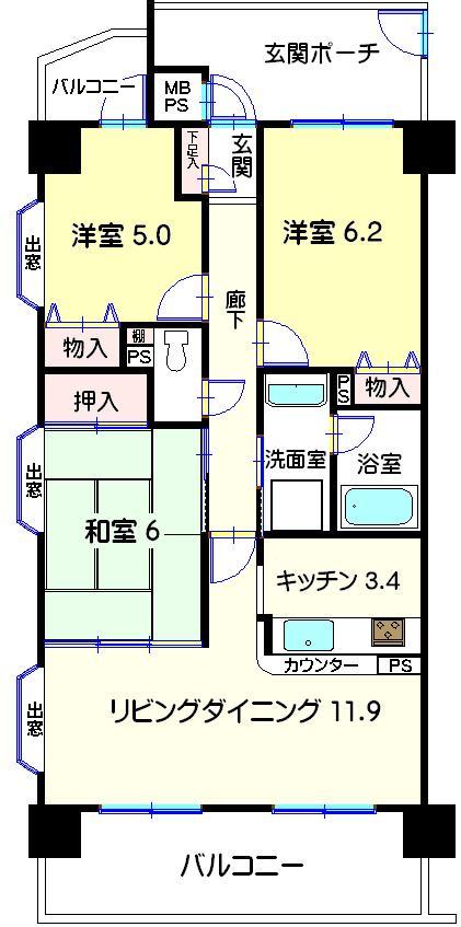 Floor plan. 3LDK, Price 21 million yen, Occupied area 70.55 sq m , Balcony area 12.9 sq m north-south two-sided balcony ・ Southwest Corner Room