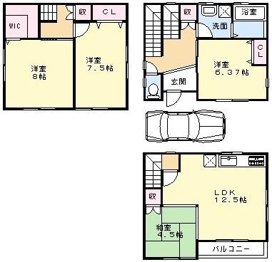 Floor plan. 30,800,000 yen, 4LDK, Land area 44.23 sq m , Building area 95.17 sq m