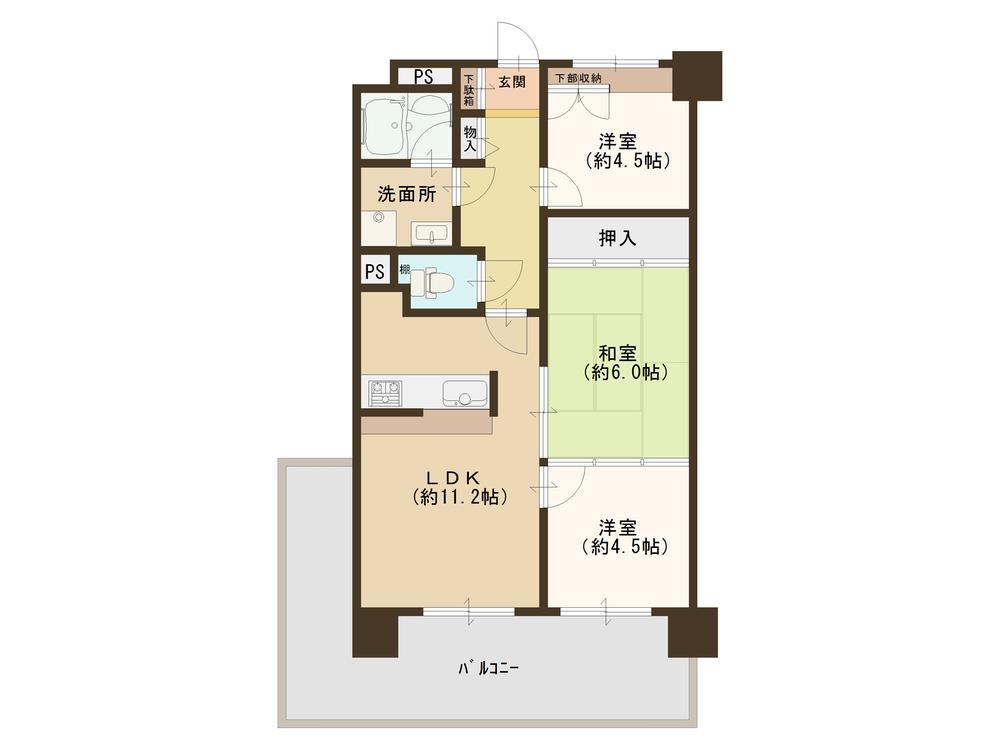 Floor plan. 3LDK, Price 12.8 million yen, Occupied area 58.42 sq m , Balcony area 14.21 sq m