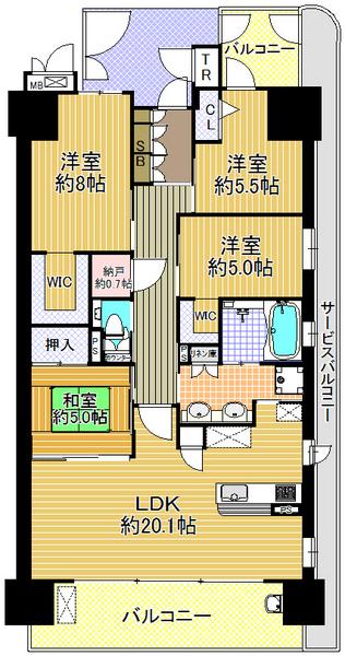 Floor plan. 4LDK, Price 33 million yen, Footprint 100.57 sq m , Balcony area 18.47 sq m