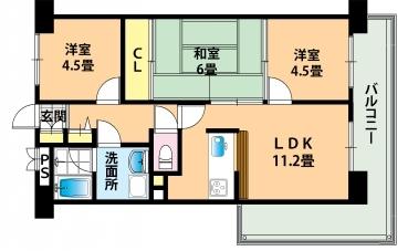 Floor plan. 3LDK, Price 12.8 million yen, Occupied area 58.42 sq m , Balcony area 14.21 sq m