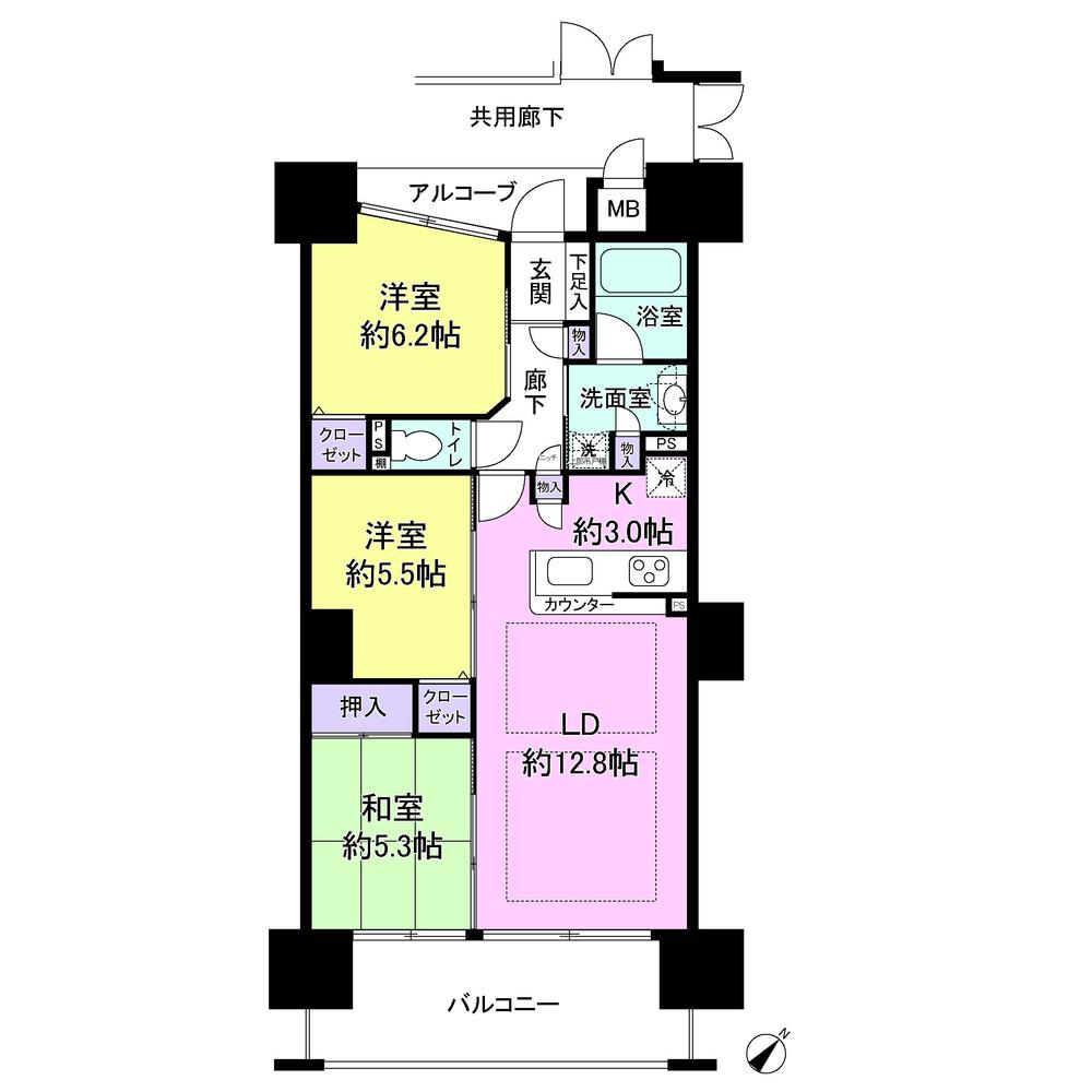 Floor plan. 3LDK, Price 22,900,000 yen, Footprint 70.4 sq m , Balcony area 12.4 sq m