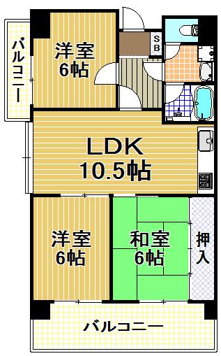 Floor plan. 3LDK, Price 8.9 million yen, Occupied area 63.66 sq m , Balcony area 14.92 sq m