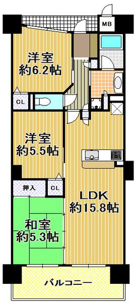 Floor plan. 3LDK, Price 22,900,000 yen, Footprint 70.4 sq m , Balcony area 12.4 sq m