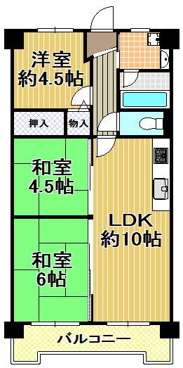 Floor plan. 3LDK, Price 9.5 million yen, Occupied area 53.46 sq m , Balcony area 9.04 sq m