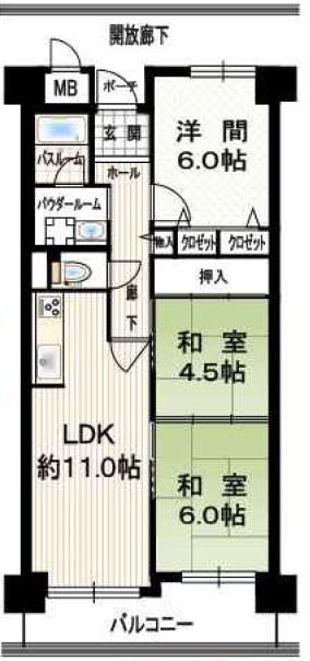 Floor plan. 3LDK, Price 10.8 million yen, Occupied area 63.59 sq m , Balcony area 8.01 sq m