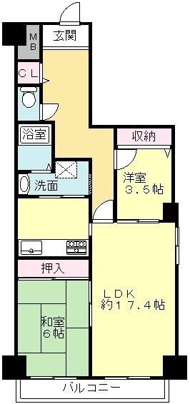 Floor plan. 2LDK, Price 12.5 million yen, Occupied area 66.94 sq m , Balcony area 6.32 sq m