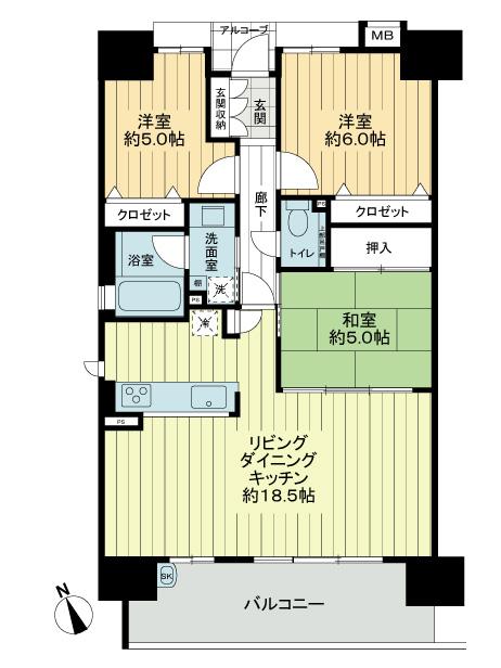Floor plan. 3LDK, Price 24,900,000 yen, Occupied area 74.22 sq m , Balcony area 11.88 sq m