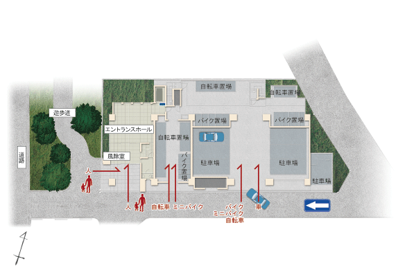 Features of the building.  [Land Plan] Parking 17 cars, Bicycle parking is the ratio of two each mansion 80 cars, Five minute bike shelter, Mini bike shelter has provided 11 cars each (some electric car correspondence). In addition the flow line of people to the entrance, By dividing the flow line of the car to the drive way it has been consideration to safety. Is to entrance also safely put from the promenade side (site layout)