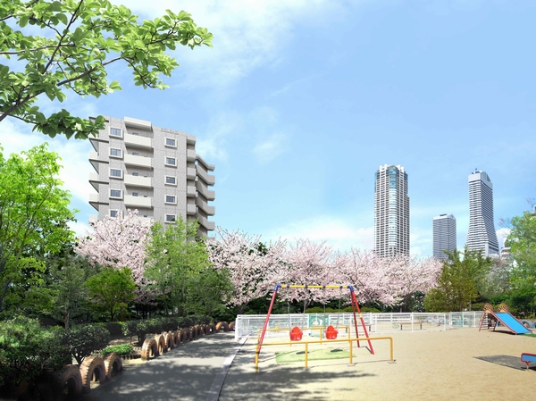 In a 1-minute walk, So also spread the famous lush Ichiokamoto the town park as cherry blossoms, Moments of rest is Masu feel free to fun Me. CG synthesis peripheral photo Exterior - Rendering (in fact a slightly different)