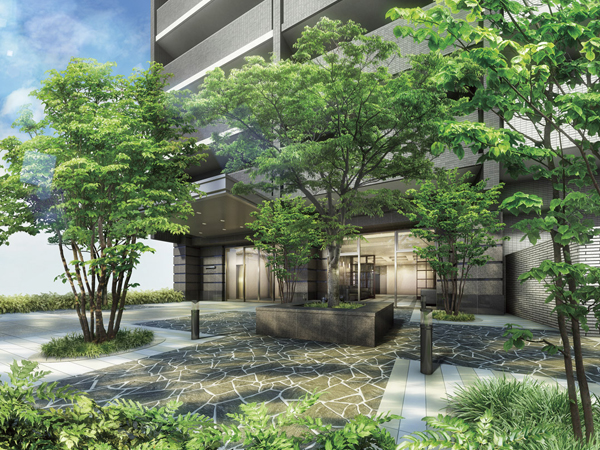 Features of the building.  [Entrance approach] The entrance front, Placing a welcome garden moisturize to Cityscape. The grounds and outside of the boundary providing a decorative wall and the planting of superior border tiles design, Independence has increased while considering the cityscape (Rendering)