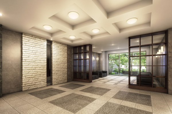 Buildings and facilities. The earlier opened the entrance of the door, It spreads the lobby that ensures the leisurely space. Space that has been coordinated in chic while taking advantage of the texture of the material is, Full of luxury, High-quality living comfort is handed down (Entrance Hall Rendering)