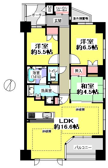 Floor plan. 3LDK, Price 23.8 million yen, Occupied area 75.19 sq m , Balcony area 6.27 sq m southeast corner room! 3-way lighting