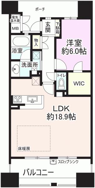 Floor plan. 1LDK, Price 17.8 million yen, Occupied area 58.31 sq m , Balcony area 12 sq m