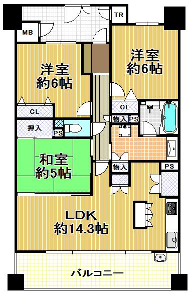 Floor plan. 3LDK, Price 25,300,000 yen, Occupied area 71.42 sq m , Balcony area 14.8 sq m   [Minato-ku, real estate buying and selling] Southwest-facing balcony