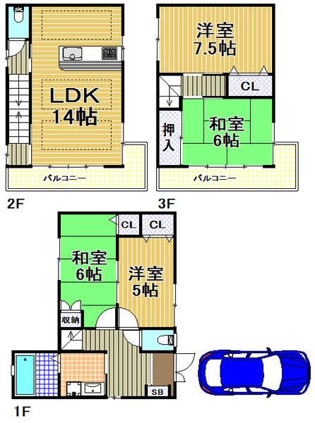 Floor plan. 21 million yen, 4LDK, Land area 94.36 sq m , Building area 92.34 sq m   [Minato-ku, real estate buying and selling] Car available parking space Yes ☆ 