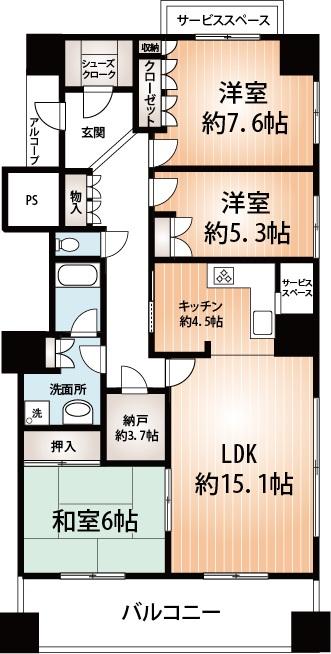 Floor plan. 3LDK + S (storeroom), Price 39,800,000 yen, Occupied area 87.64 sq m , Balcony area 17.12 sq m