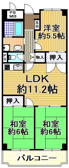 Floor plan. 3LDK, Price 13.3 million yen, Occupied area 64.96 sq m , Balcony area 8.13 sq m   [Minato-ku, real estate buying and selling] Spacious 3LDK