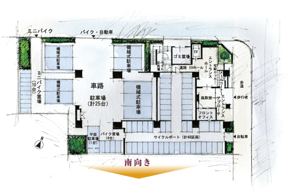 Features of the building.  [Land Plan] Taking advantage of the site conditions that the two-way contact road corner lot, Zenteiminami direction, 1 fine living of all 48 House that began to draw while ensuring the comfort and privacy of the floor 4 House will realize (site layout)