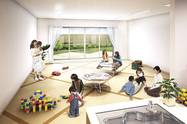 Shared facilities.  [Nurture Room (assembly room and a children's room) on the first floor entrance hall next to, Safely play the children in such a rainy day, Installed also in a field of exchanges between mom "cultivate Room (assembly room and a children's room).". Overlooking the "nurture Garden (play a lot)" outside the window, It is bright and airy community space (Rendering)