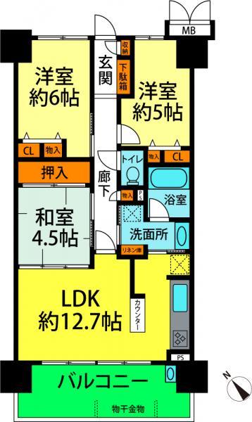 Floor plan. 3LDK, Price 22,800,000 yen, Occupied area 65.88 sq m , Balcony area 11.59 sq m