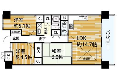 Floor plan. 3LDK, Price 13.5 million yen, Occupied area 72.67 sq m , Balcony area 10.41 sq m
