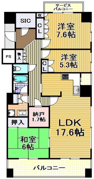 Floor plan. 3LDK, Price 39,800,000 yen, Occupied area 87.64 sq m , Balcony area 17.12 sq m   [Minato-ku, real estate buying and selling] You can relax in the spacious 3LDK type ☆