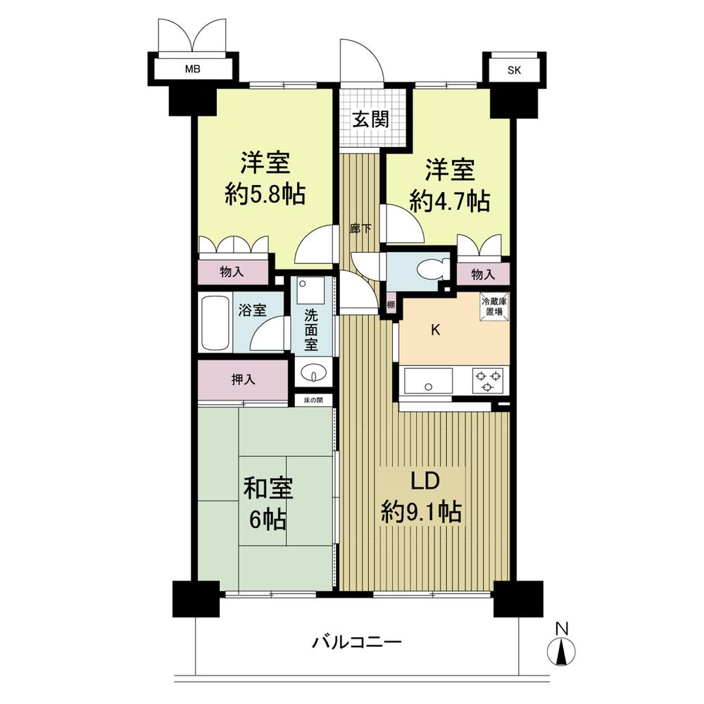 Floor plan. 3LDK, Price 15.8 million yen, Occupied area 60.76 sq m , Balcony area 10.54 sq m
