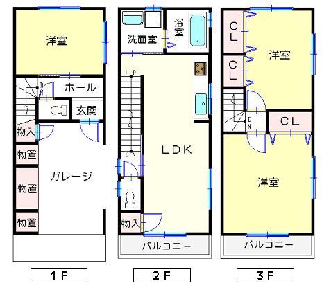 Floor plan. 22,300,000 yen, 3LDK, Land area 38.06 sq m , Building area 87.99 sq m garage & 3LDK with storeroom