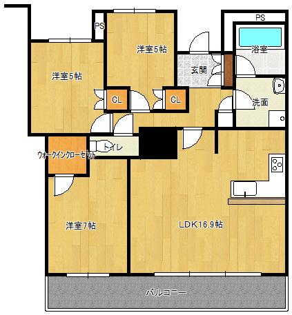 Floor plan. 3LDK, Price 37.5 million yen, Occupied area 75.66 sq m , Balcony area 13.34 sq m spacious LDK Wife is a must-see in the L-shaped face-to-face kitchen. Balcony is of course open in wide type! bathroom ・ Wider washroom!