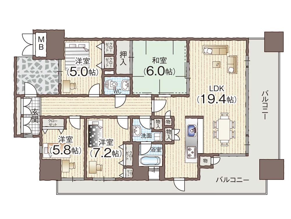 Floor plan. 4LDK, Price 36,800,000 yen, Occupied area 92.29 sq m , Balcony area 33.61 sq m airy corner residence!