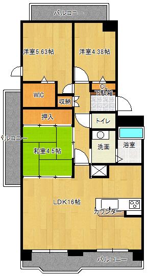 Floor plan. 3LDK, Price 23.5 million yen, Occupied area 73.19 sq m , Balcony area 22.88 sq m LDK16 tatami mats and very widely, I'm looking forward to also communicate with family at the counter kitchen ☆