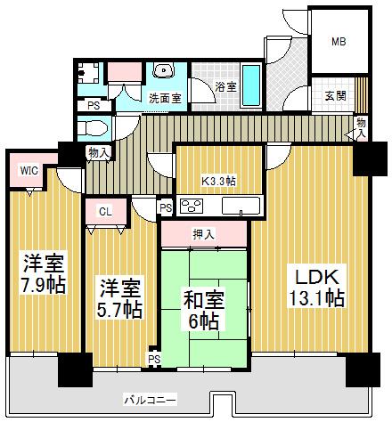 Floor plan. 3LDK, Price 32 million yen, Occupied area 93.24 sq m , Spacious living space on the balcony area 17.32 sq m total living room with storage space