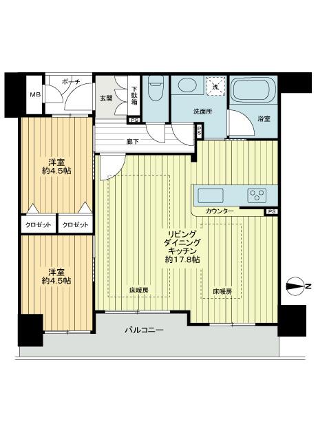 Floor plan. 2LDK, Price 19,800,000 yen, Occupied area 58.98 sq m , Balcony area 9.18 sq m