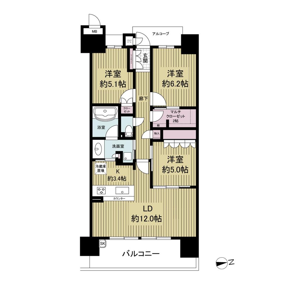 Floor plan. 3LDK, Price 29,800,000 yen, Occupied area 72.67 sq m , Balcony area 12.16 sq m