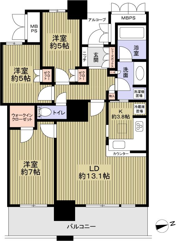 Floor plan. 3LDK, Price 37.5 million yen, Occupied area 75.66 sq m , Balcony area 13.34 sq m